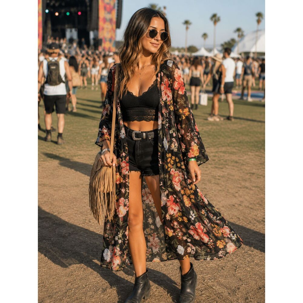 Grace & Lace Sheer Kimono Dark Floral Long Sleeve XL Festival Boho